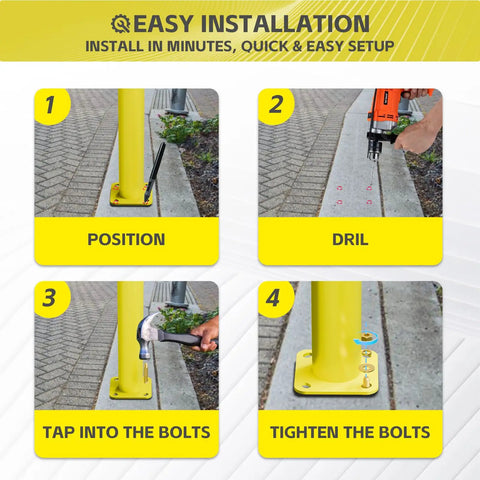 Installation guide steps for Knockout Yellow Steel Bollard Post Forty Eight Inches Tall Five Point Five Inch Diameter Pipe.