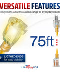 Close-up of 75 Foot Outdoor And Indoor Extension Cord Heavy Duty Ten Three Gauge SJTW, yellow with lighted ends for visibility.