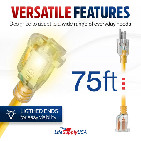 Close-up of 75 Foot Outdoor And Indoor Extension Cord Heavy Duty Ten Three Gauge SJTW, yellow with lighted ends for visibility.