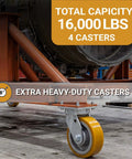 Extra Heavy Duty Kingpinless Swivel Plate Casters With 8 Inch Polyurethane Over Iron Wheels Deliver 16000 Lbs Load Rating, shown on industrial cart.