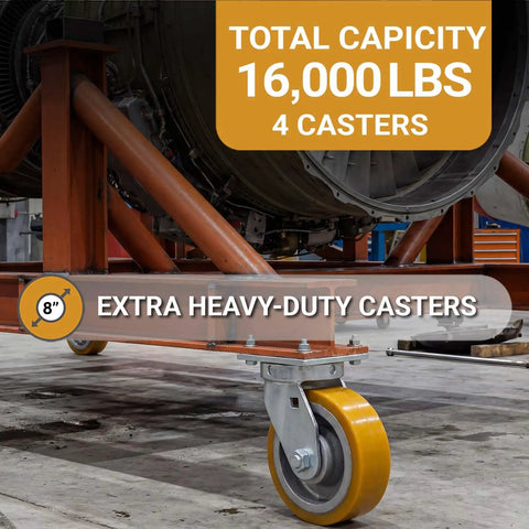 Extra Heavy Duty Kingpinless Swivel Plate Casters With 8 Inch Polyurethane Over Iron Wheels Deliver 16000 Lbs Load Rating, shown on industrial cart.