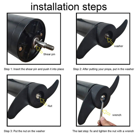 Installation steps for Electric Outboard Propeller Nut Kit For Quick Propeller Replacement And Pin Repair, showing tool use.
