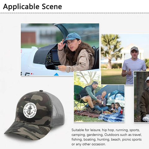 No Crying On The Yacht Women's Breathable Outdoor Trucker Hat With Adjustable Strap displayed in camouflage design, various outdoor scenes