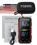Auto Range True RMS Digital Multimeter with USB rechargeable battery, carrying case, probes, and instruction manual