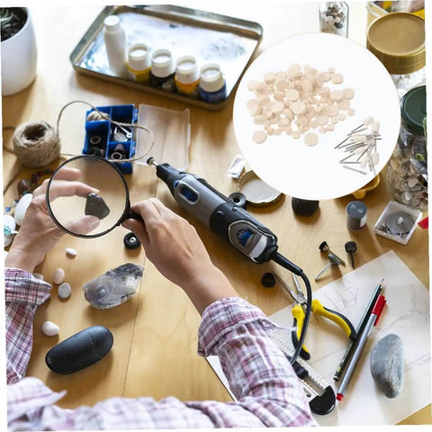 Person using rotary tool with 120 Piece Wool Polishing Tools Set With Shank Wool Felt Buffing Wheels For Rotary And Drill Polisher Pro Grade Polishing Wheel Kit For Metal Wood And Automotive Finishing on wooden table.