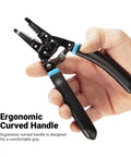 Hand holding the Pro Grade Workhorse Wire Stripper with ergonomic curved handle and built-in cutter for copper wire.