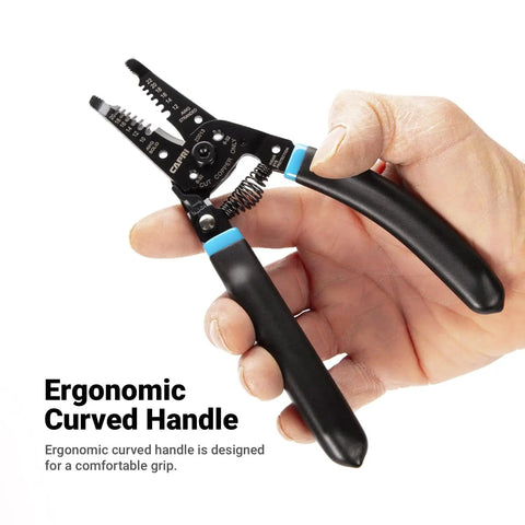 Hand holding the Pro Grade Workhorse Wire Stripper with ergonomic curved handle and built-in cutter for copper wire.