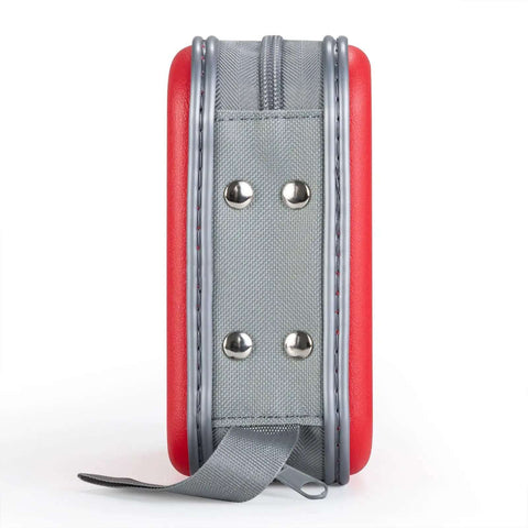 Slick Hard Plastic CD Case With Secure Slim Zipper Stores Forty Eight Discs waterproof red and gray material side view.