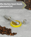 High Temp Steam Wand And Milk Frothing Hose Kit for EC685 with stainless steel nozzle and fitting, shown with coffee beans and lemon slice.