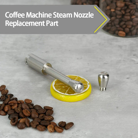 High Temp Steam Wand And Milk Frothing Hose Kit for EC685 with stainless steel nozzle and fitting, shown with coffee beans and lemon slice.