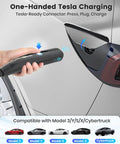Rock Solid Level 2 Electric Vehicle Charger For Tesla Compatibility featuring one-handed connector for easy charging.