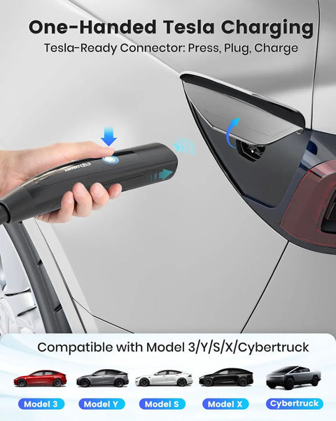 Rock Solid Level 2 Electric Vehicle Charger For Tesla Compatibility featuring one-handed connector for easy charging.