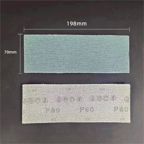 50 Pieces Of 70x198mm Dry Mesh Sandpaper Sheets, showing two sheets with grit markings for woodworking and car paint jobs.
