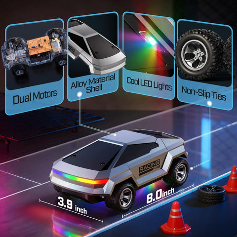 1/24 Scale Remote Control Monster Truck For Kids With Colorful Lights, showcasing alloy shell, LED lights, and non-slip tires