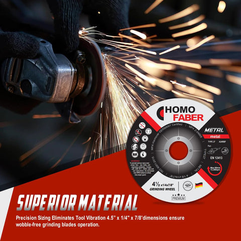 Installed HOMO FABER 4.5 in depressed-center grinding wheel for metal, 25-pack, 4.5 x 1/4 x 7/8 in