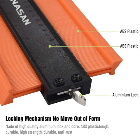 Lockable Contour Gauge Ruler Set 10 Plus 5 Inch for Corners and Contoured Surfaces showing aluminum lock and ABS plastic