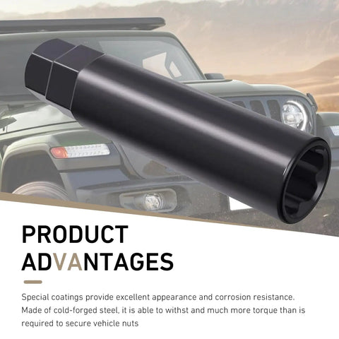 Image of a black Six Spline Lug Nut Socket Kit with CR-V alloy, fits M12 wheel nuts, shown with a rugged vehicle in the background.