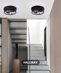 Farmhouse Black 2 Light Flush Mount Ceiling Light Fixture With Industrial Metal Cage Shade illuminating modern hallway