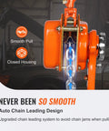 Manual lever chain hoist, 1-1/2 ton capacity, orange housing, galvanized steel chain, front view
