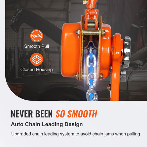 Manual lever chain hoist, 1-1/2 ton capacity, orange housing, galvanized steel chain, front view