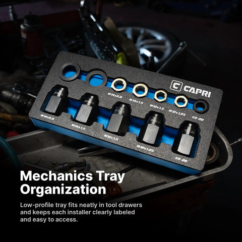 Pro Capri Tools 12 Piece Wheel Stud Installer Kit With Heavy Duty Mechanic Tray For Easy Install On Common Thread Sizes Uses Standard Impact Wrench For Quick Auto Maintenance. low-profile foam tray with labeled wheel stud installers and sockets