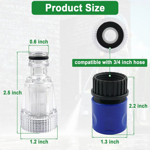 Six Pack Three Quarter Inch Garden Hose To Pressure Washer Adapter With Quick Connect For Easy Setup Compatible With PW909103K Blue Pressure Washer Hose Connector Durable And Hassle Free Attachment shown with dimensions and compatibility features.