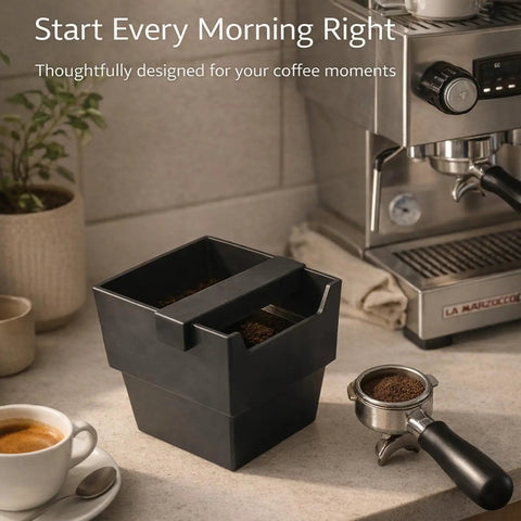 Large Capacity Espresso Knock Box 1200 ML with Removable Knock Bar next to espresso machine in home kitchen setting.