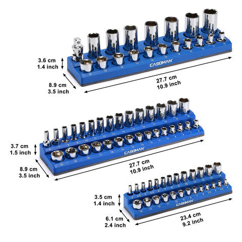 Magnetic Socket Organizer Kit Three Piece For Half Inch, Three Eighths Inch, And Quarter Inch Drive Sockets Holds 75 Metric Sockets In A Blue Rubberized Magnetic Base Pro Grade Tool Organizer showcasing blue trays with sockets