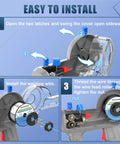 Get Heavy Duty AZZUNO 110V Handheld MIG Welder With 360 Rotating Torch Neck installation steps, showing wire feed mechanism and latches.