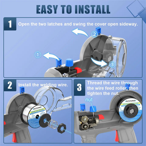 Get Heavy Duty AZZUNO 110V Handheld MIG Welder With 360 Rotating Torch Neck installation steps, showing wire feed mechanism and latches.