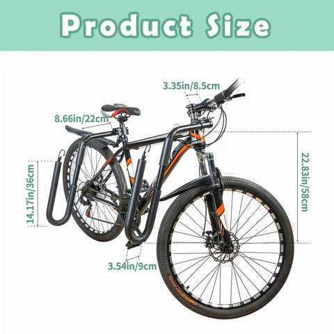 Bike with surfboard rack showing dimensions of Bike Surfboard Rack With Quick Release Bars Adjustable Up Down And Rotatable Angles