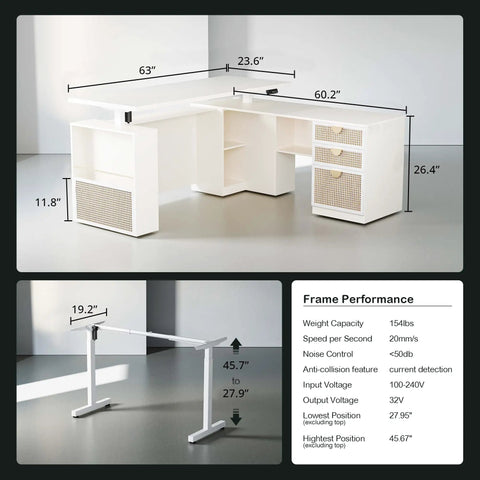 Modern Mate 63 Inch L Shaped Electric Standing Desk With Privacy Panel Ergonomic Adjustable Height, dimensions and features displayed.