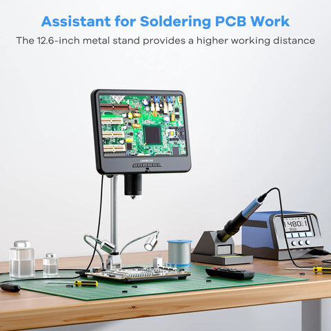 10.1 Inch LCD Digital Microscope For Coins And Soldering, 260X Magnification, Electronics Repair Camera, Coin Magnifier With Built In Lights, 12.6 Inch Adjustable Stand, 32GB Storage on PCB workbench