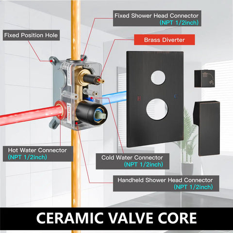 Wall Mount Shower System With Square Rain Shower Head And Hand Sprayer Rough In Valve And Trim Kit Included 12 Inch Oil Rubbed Bronze Finish Modern Space Saving Shower Faucet Set For An Easy Install And Bathroom Upgrade showing ceramic valve core and brass diverter setup details