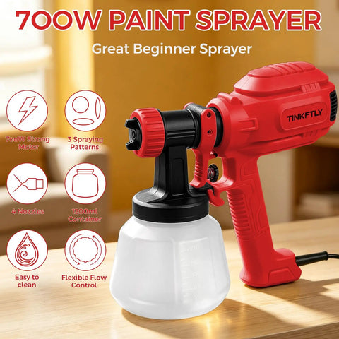Badass Power 700W Electric Airless Paint Sprayer With Four Quick Swap Tips For Slick Even Coats And A No Sweat Finish On All Your Favorite Home Projects Red close-up showing the nozzle and container.