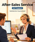 After-Sales Service featuring a smiling woman in a headset assisting a man at a desk, offering 24/7 support.