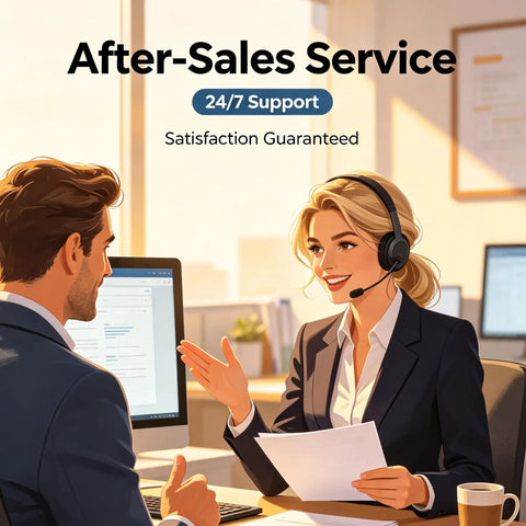 After-Sales Service featuring a smiling woman in a headset assisting a man at a desk, offering 24/7 support.