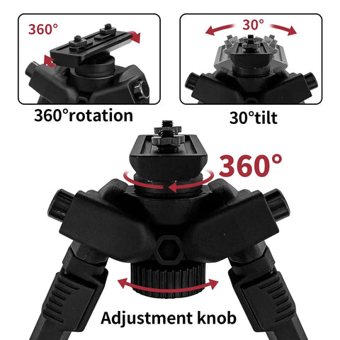 360 Degree Swivel Adjustable Bipod with Quick Detach Lever showing 360° rotation and 30° tilt features in black aluminum