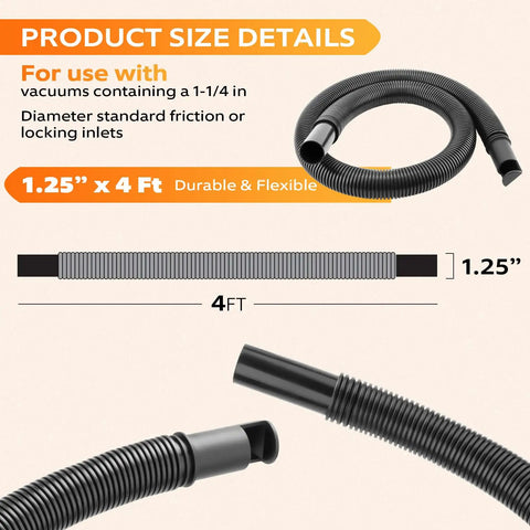 Flexible One And A Quarter Inch Diameter Four Foot Vacuum Hose Replacement For Wet And Dry Vacuums, Tough Vinyl Build
