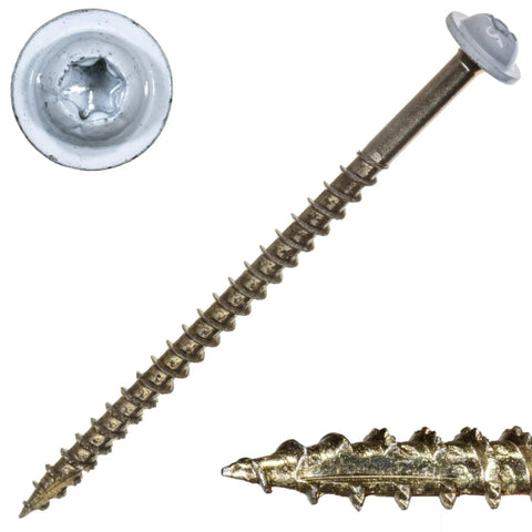 #9 X 3 Inch Saberdrive White Cabinet Wood Screws One Pound Pack features serrated threads and star drive design.