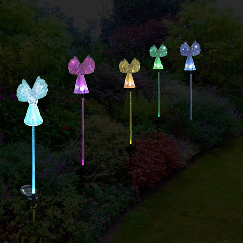 Two Pack Outdoor Solar Garden Lights With Color Changing LEDs, IP67 Waterproof Angel Decor Stakes glowing at night in garden