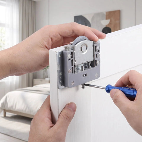 Installing smooth sliding closet door rollers with built in damping for wooden wardrobe panels.