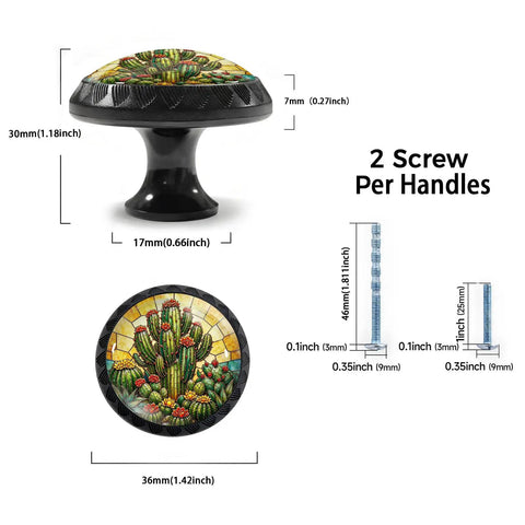 4 Pack Vintage Desert Cactus Cabinet Knobs For Kitchen And Bathroom With Stained Glass Boho Southwest Vibes Green Cacti And Bright Red And Yellow Flowers Adds Cozy Rustic Charm showing side and top view with measurements and screws