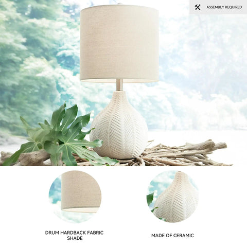Casual Ceramic Table Lamp With Herringbone Texture And Transparent White Glaze, Drum Hardback Fabric Shade, Off White Finish