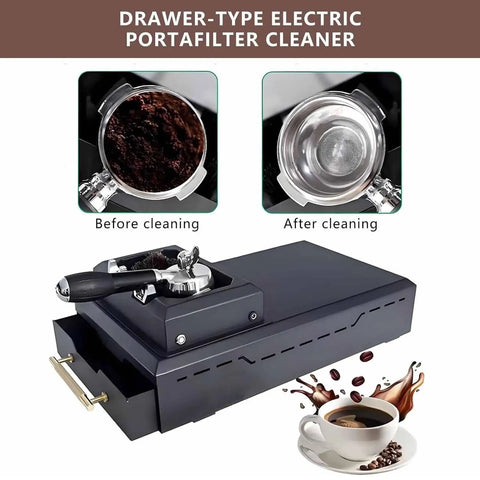 Kick Stubborn Espresso Grinds Effortlessly With This Blazing Fast 58 mm Electric Portafilter Cleaner And Knock Box showing before and after cleaning.