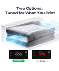 Illustration of 3D Printer Air Purifier For FDM Printers With High Dense Activated Carbon, featuring filtration stats and two options.