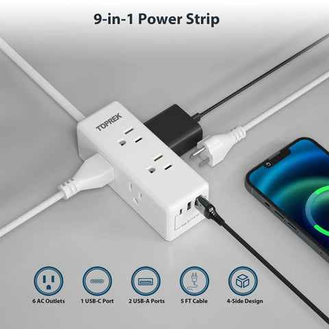 Dope Surge Protector Power Strip With 5 Outlets And 4 USB Ports Including USB C Quick Charge 3A, 6.5 Ft Extension Cord for charging devices