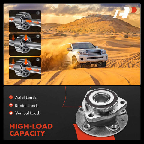 Front Or Rear Wheel Bearing And Hub Assembly For Audi A3 Quattro S3 RS3 Sportback E Tron And Golf Alltrack Golf R And Golf SportWagen, high-load capacity, shown in sandy terrain with vehicle.
