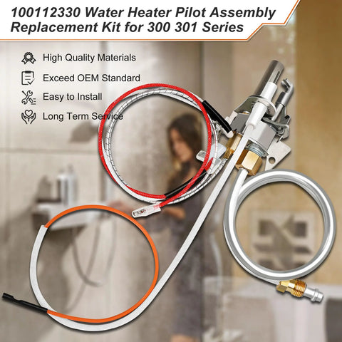Water heater pilot assembly replacement kit for 300/301 series; includes thermopile and gas valve components.