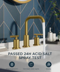 Brushed Gold Bathroom Sink Faucet, 8 Inch Widespread, 3 Hole with handles on modern vanity, water flowing from spout